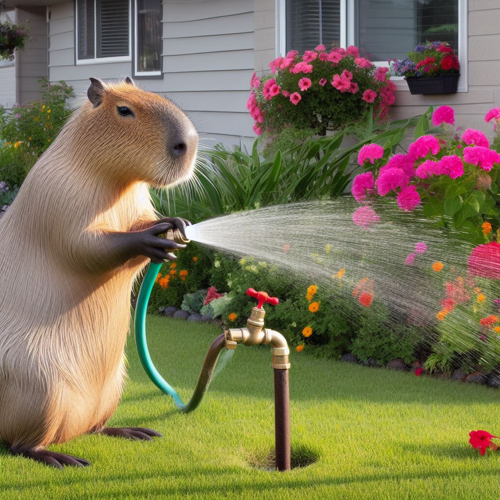 Giant Capybara watering the lawn